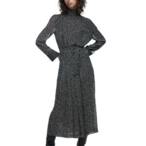 Zara Black and White Polka Dot Belted Long Sleeve High Neck Midi Dress Size XL